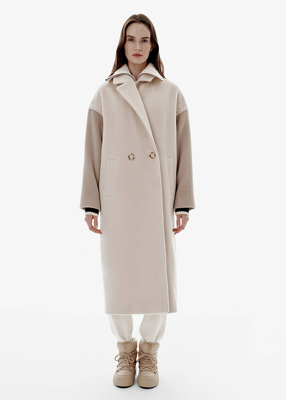 Color Block Double-Breasted Oversıze Alpaca Coat - 1