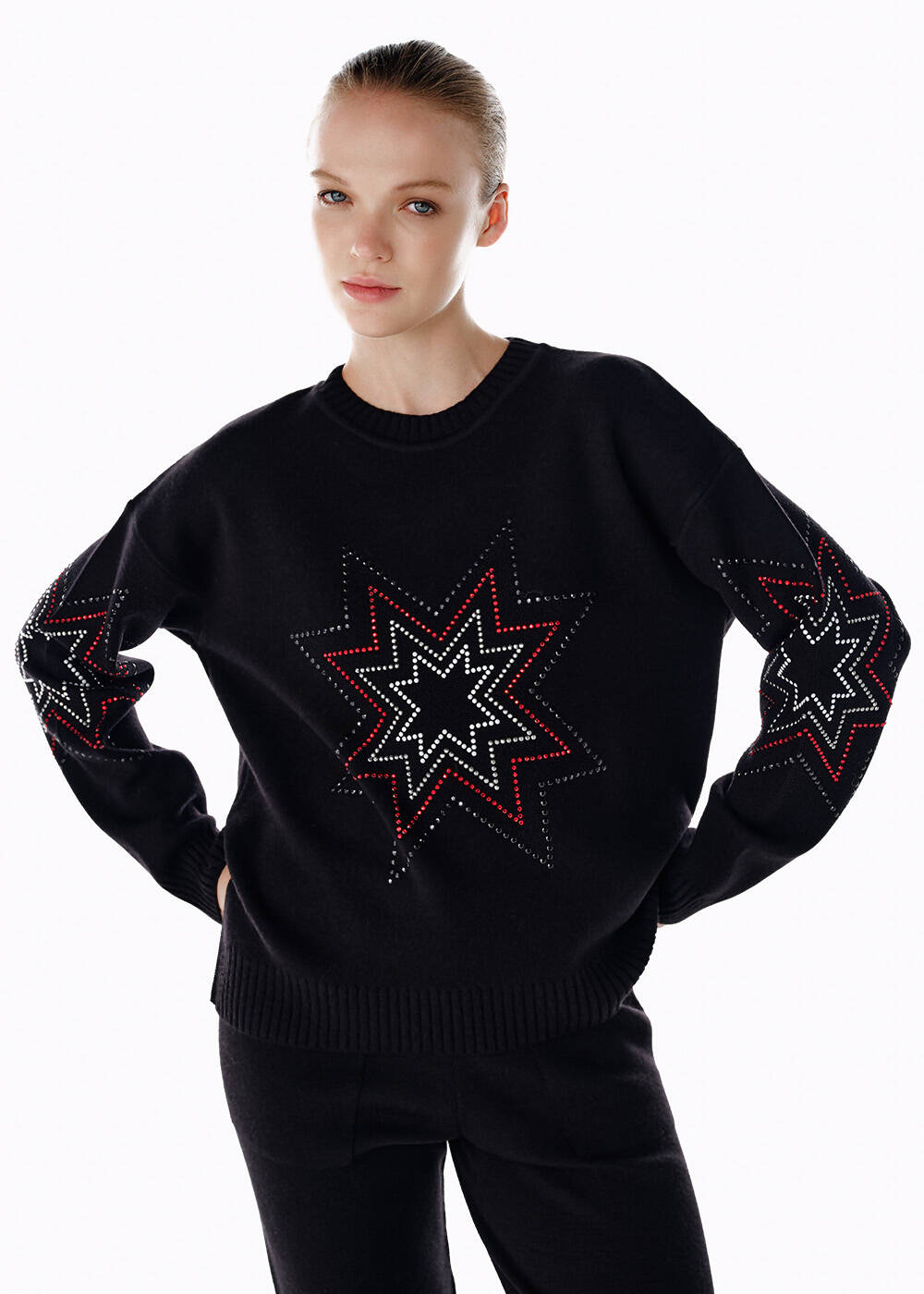 COLORFUL STAR PATTERNED MERINO WOOL SWEATER BLACK - 1