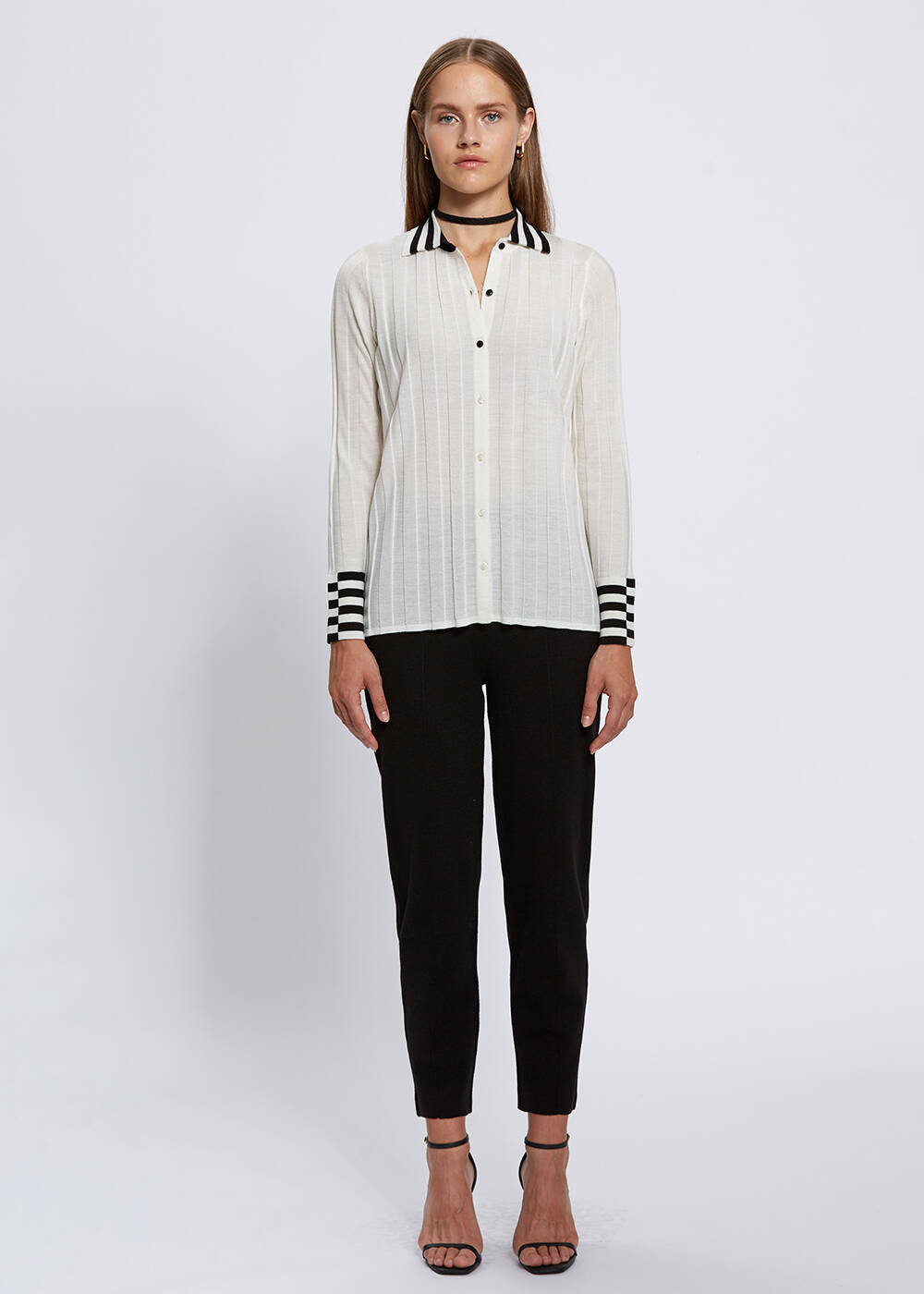 Contrast Detailed Merino Wool Ecru Knit Shirt - 2