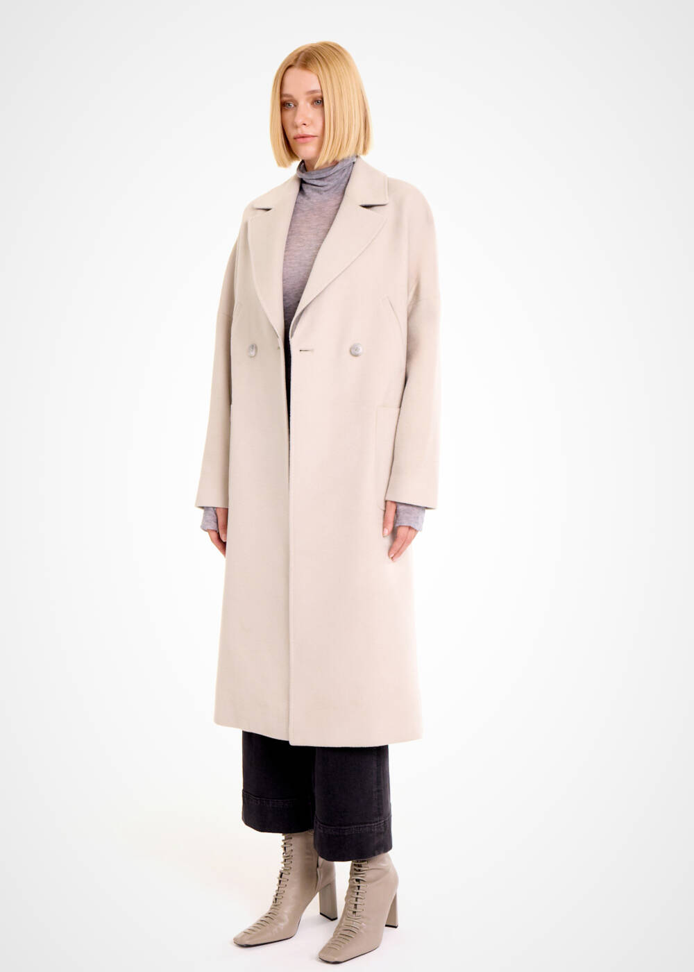 CONTRAST LAPEL DETAILED STONE WOOL COAT - 2