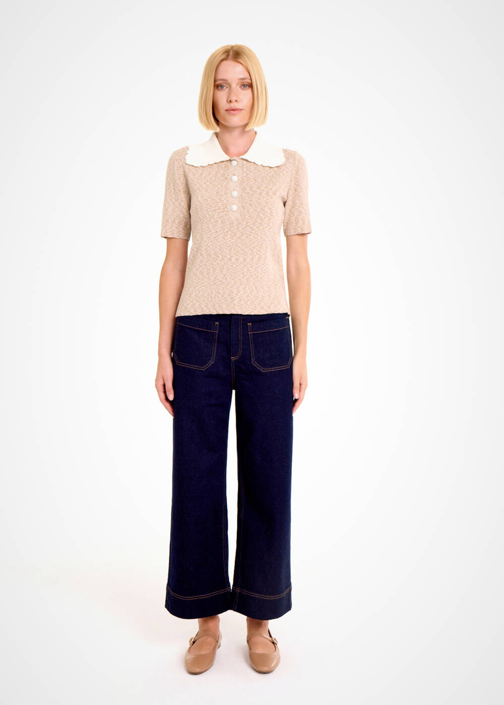 CONTRAST NECK CAMEL MOULINE KNIT TOP - 2