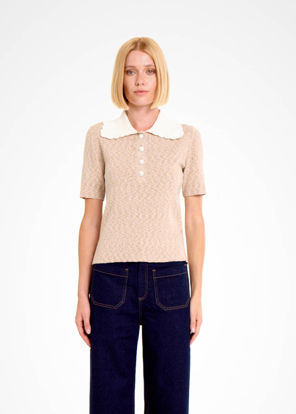 CONTRAST NECK CAMEL MOULINE KNIT TOP - 1