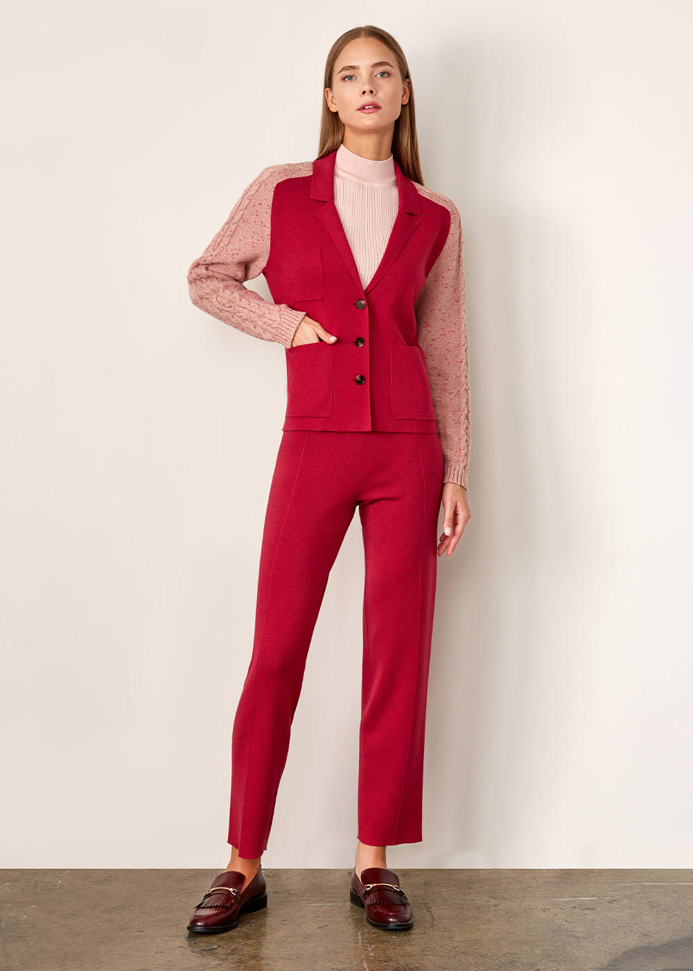 Contrast Sleeve Fuchsıa Wool Knıt Jacket - 2