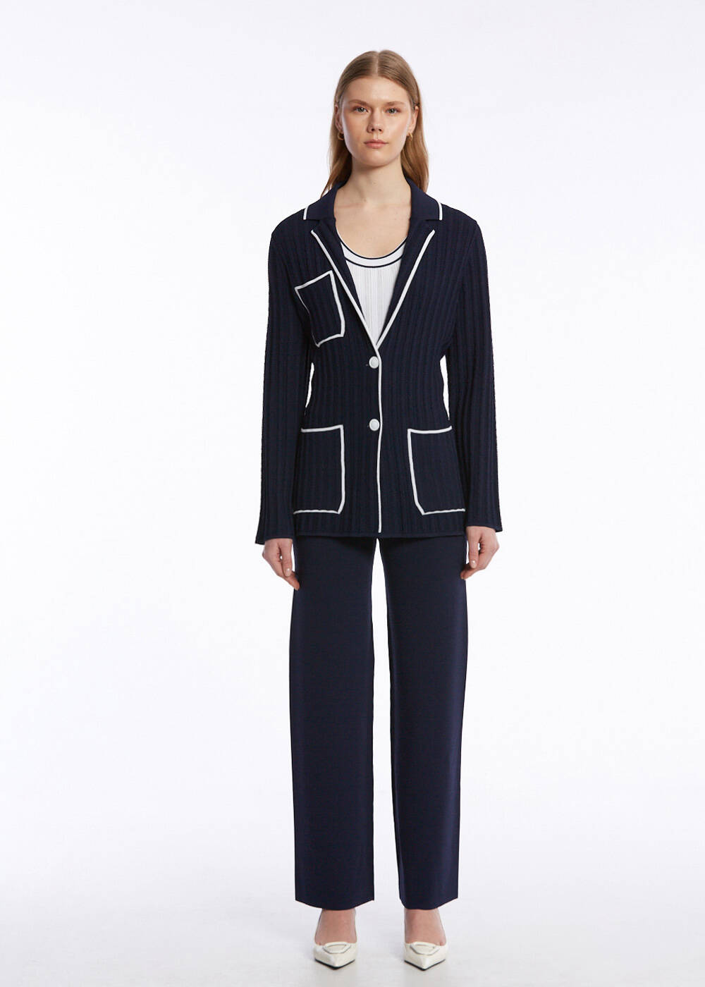CONTRAST STRIPED NAVY KNIT JACKET - 2