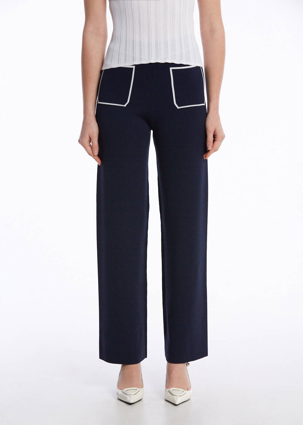 CONTRAST STRIPED NAVY KNIT PANTS - 1