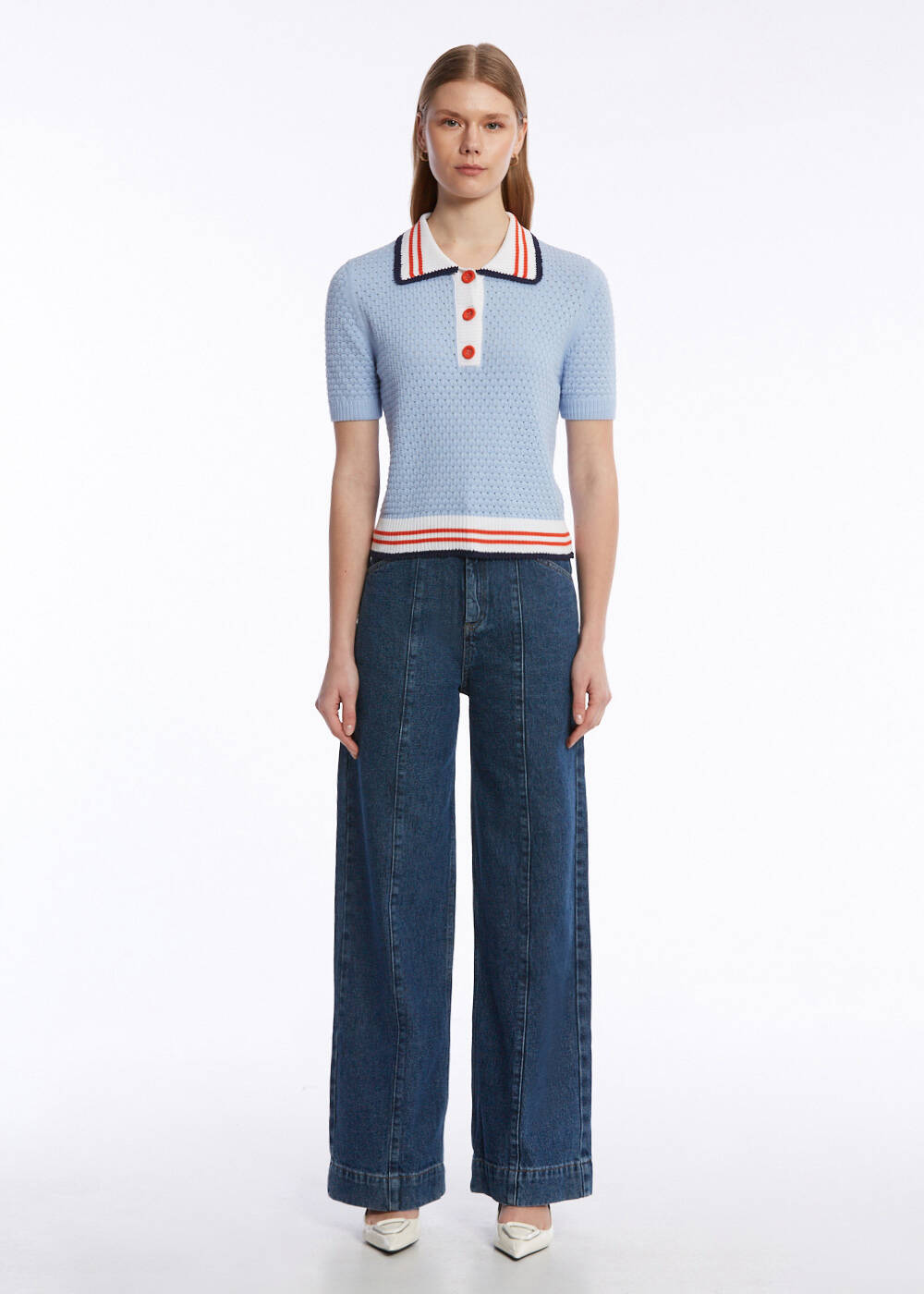 CONTRAST STRIPED POLO NECK SKY KNIT TOP - 2