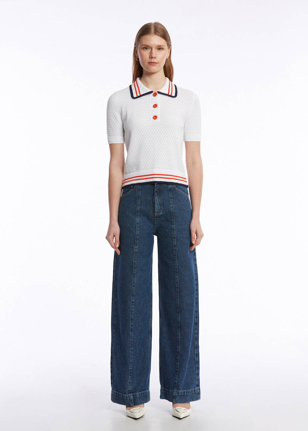 CONTRAST STRIPED POLO NECK WHITE KNIT TOP - 2