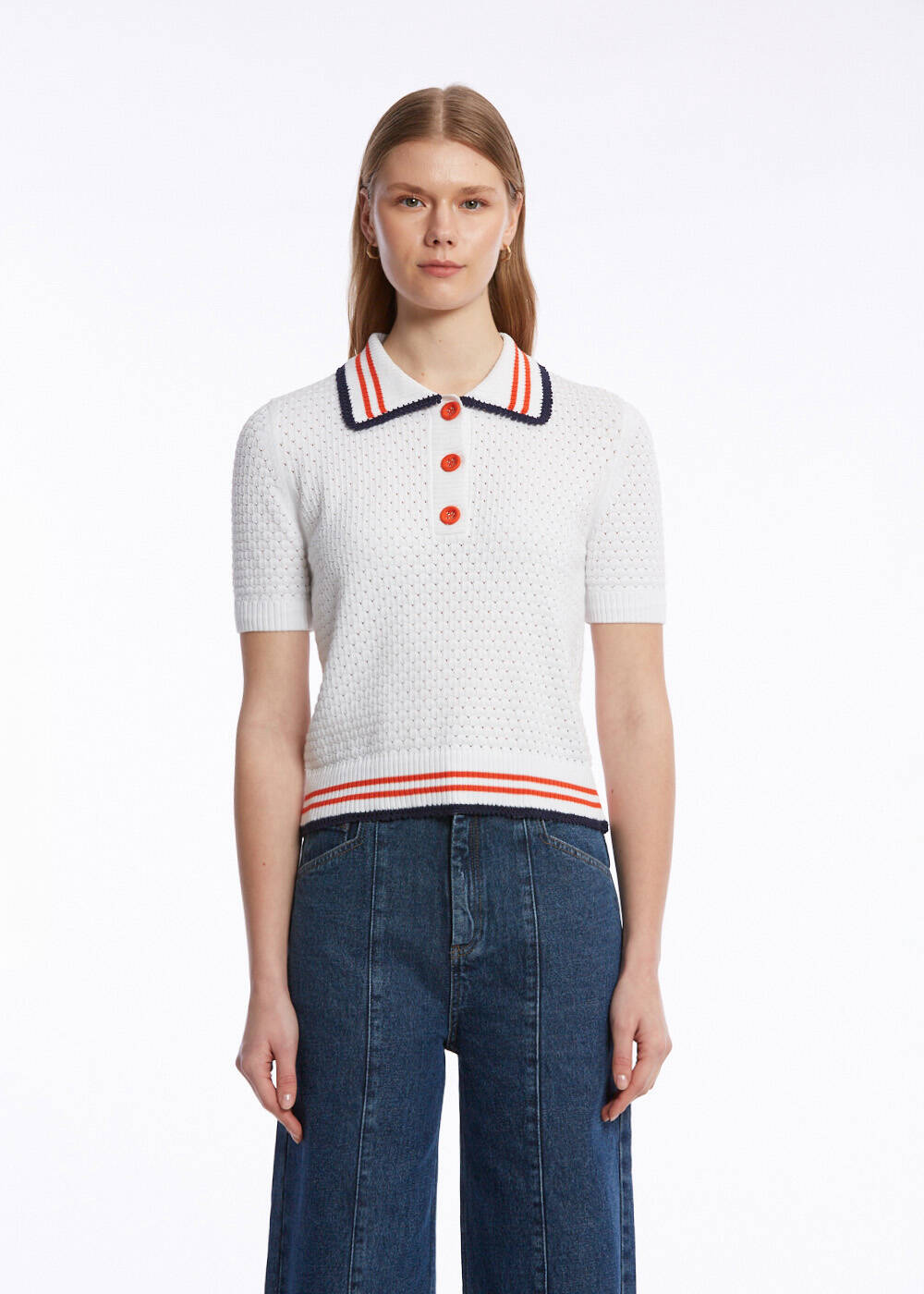 CONTRAST STRIPED POLO NECK WHITE KNIT TOP - 1