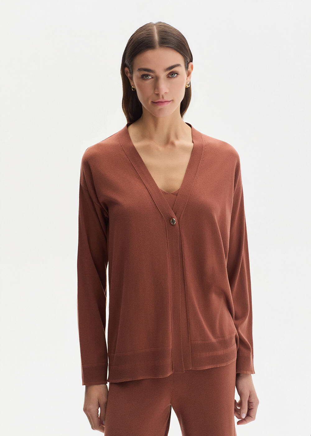 COTTON SILK BLEND CINNAMON KNIT CARDIGAN - 2
