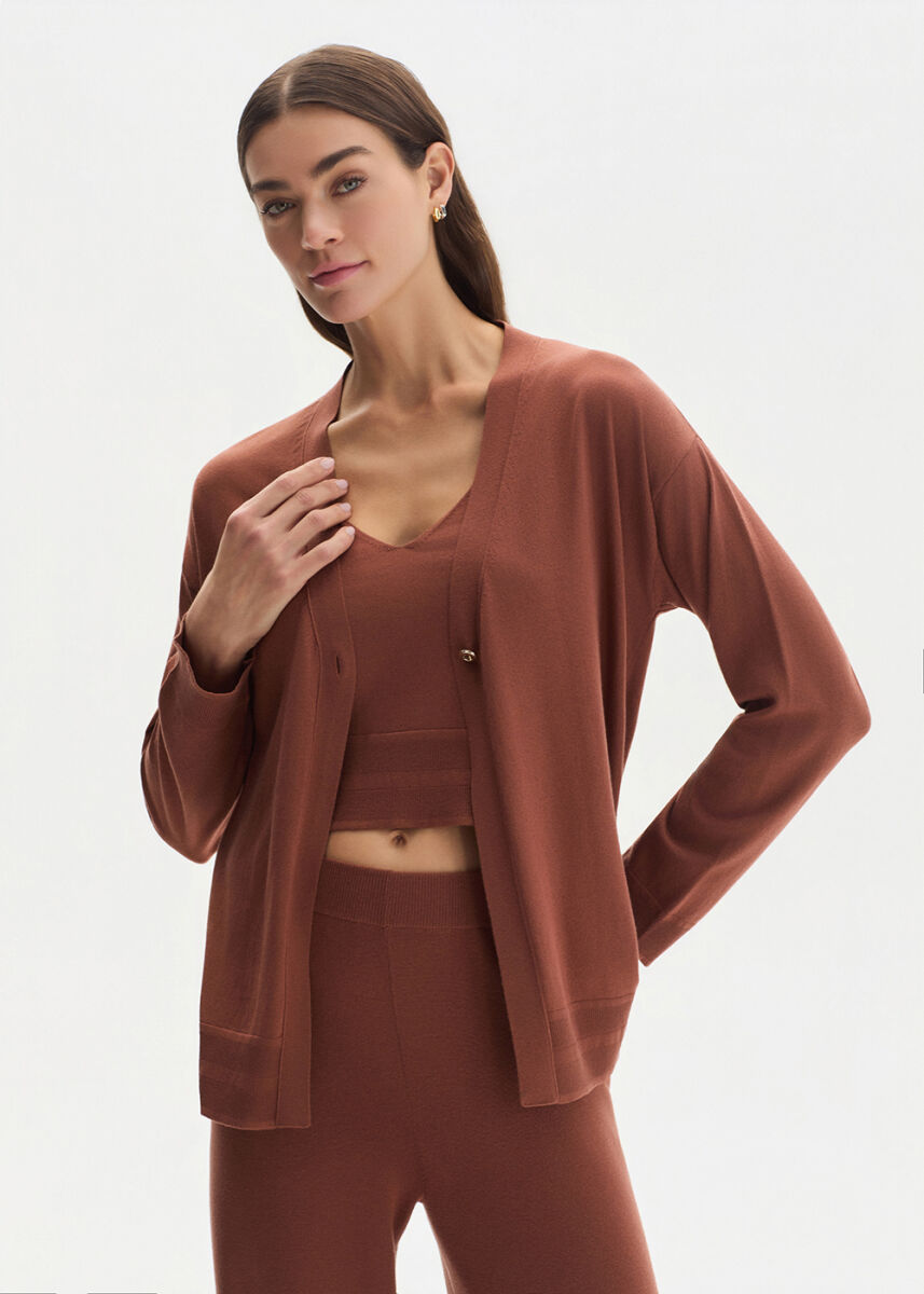 COTTON SILK BLEND CINNAMON KNIT CARDIGAN - KNITSS