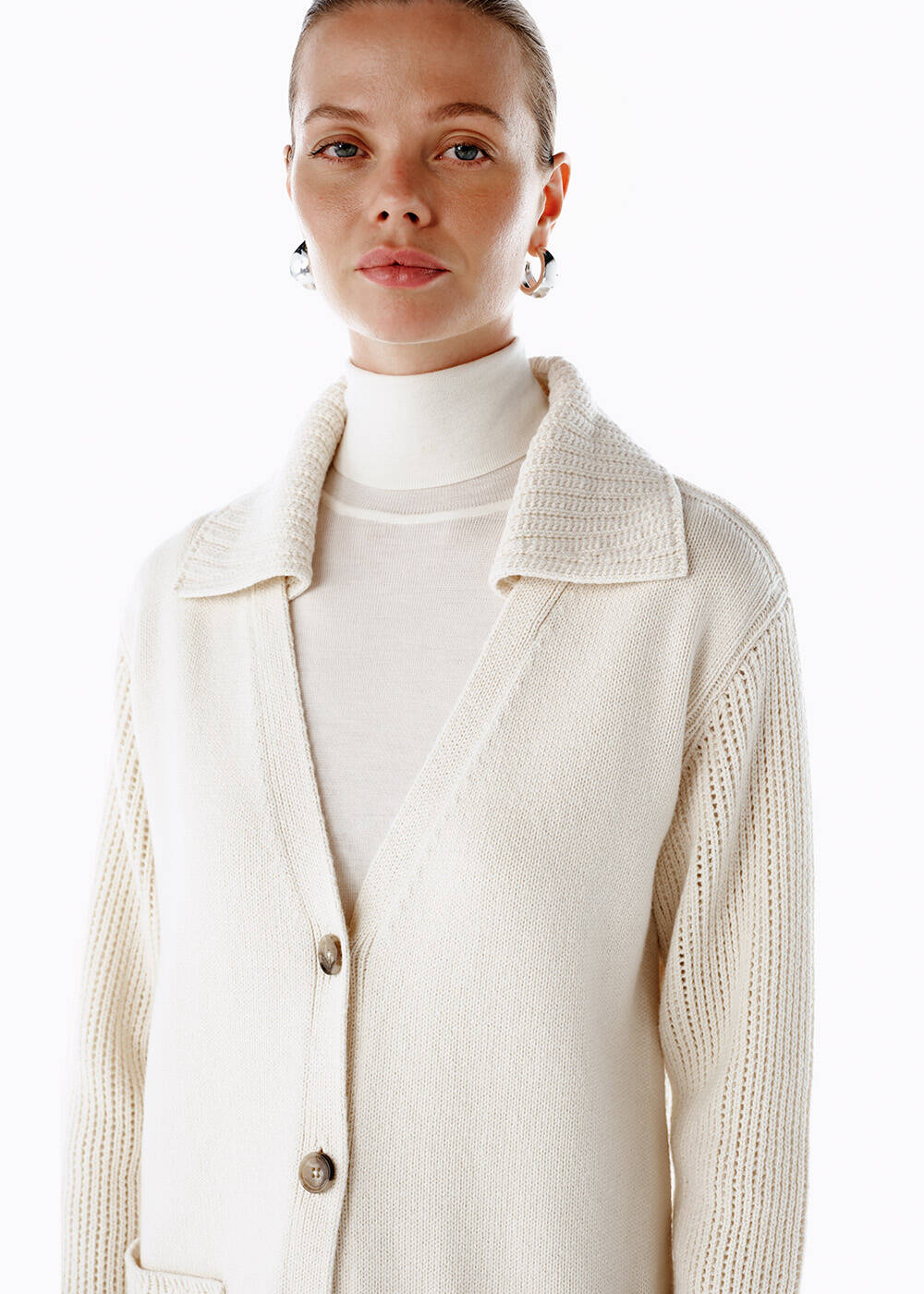 CREAM ORGANIC COTTON CASHMERE BLEND KNIT CARDIGAN - 1
