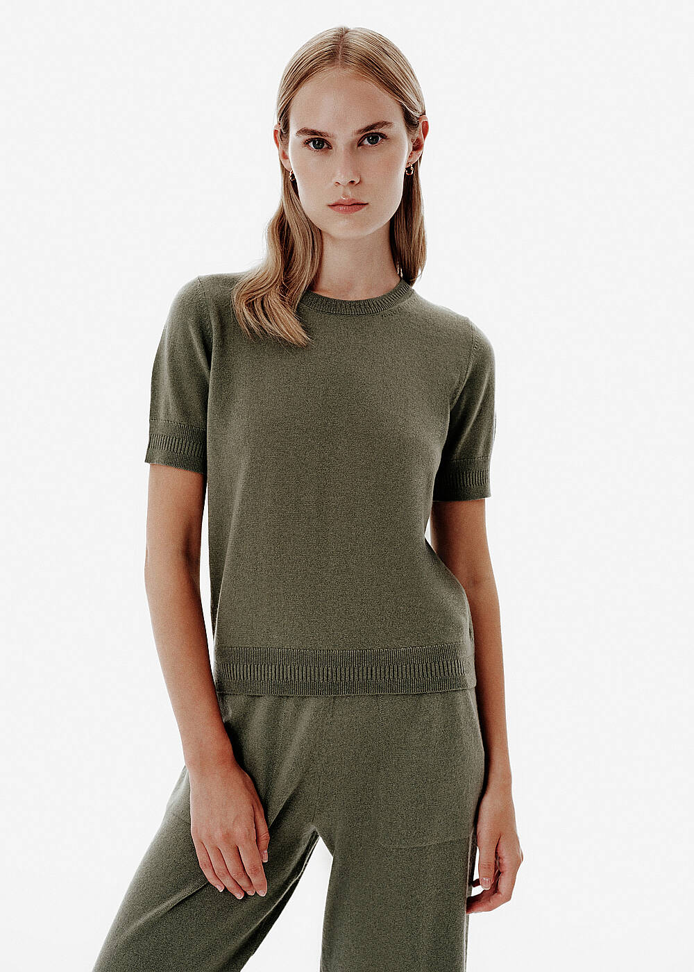 Crew Neck Green Cashmere Knit Top - 1