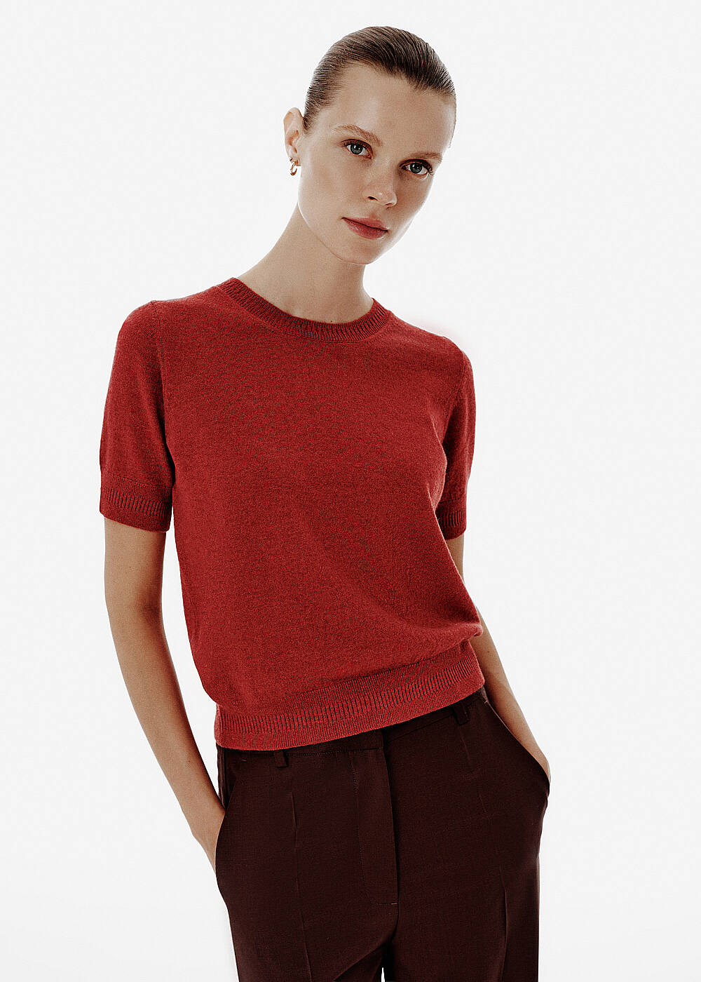 Crew Neck Ruby Cashmere Knit Top - 1