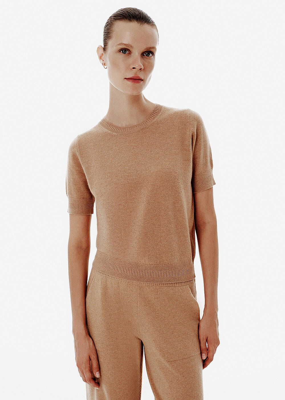 Crew Neck Toffee Cashmere Knit Top - 1