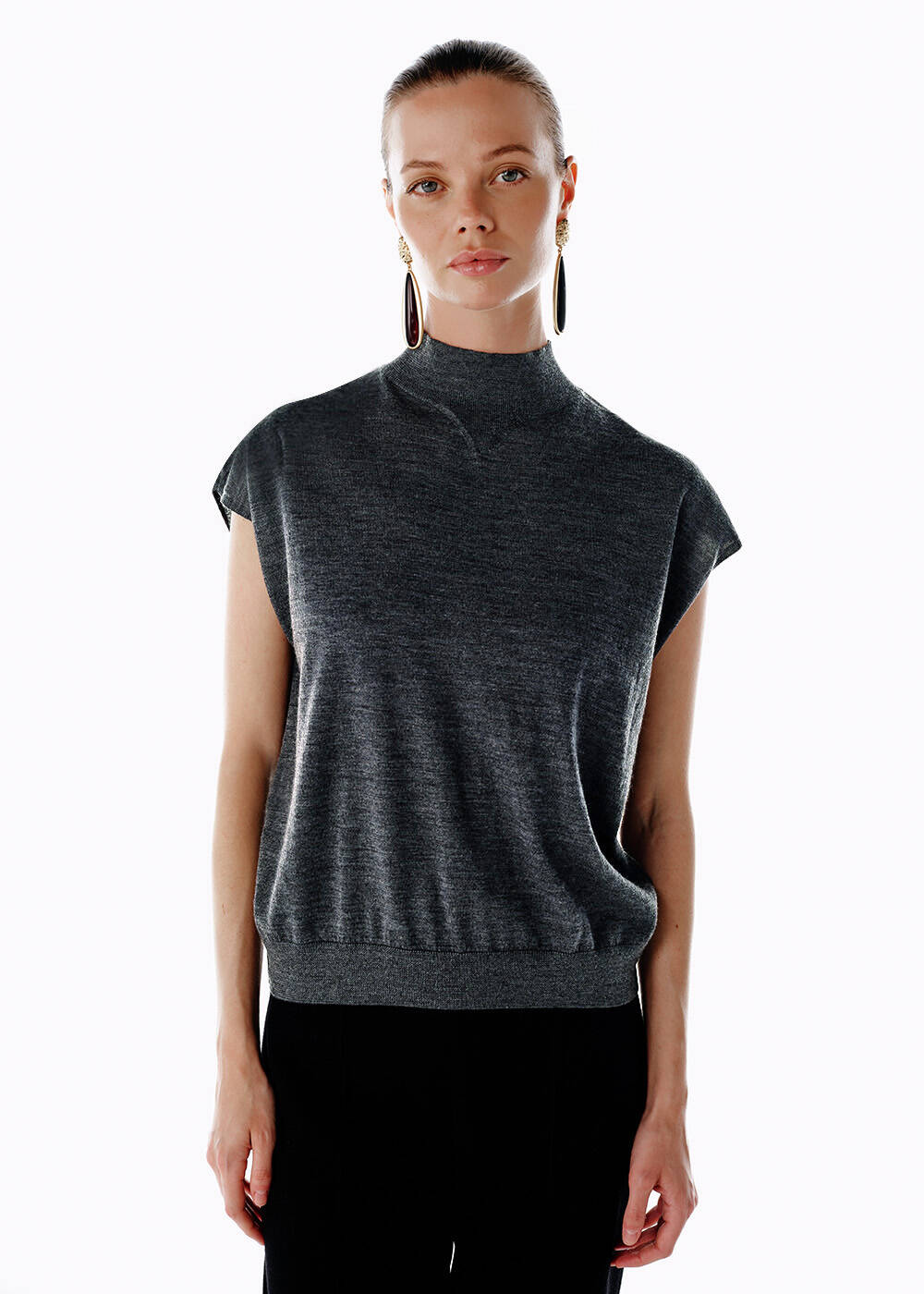 DARK GREY MERINO WOOL BLEND KNIT TOP - 1