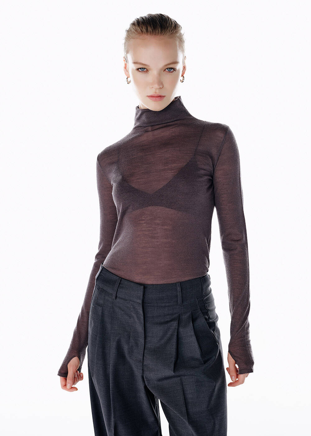 DARK GREY ULTRAFINE MERINO WOOL BLEND KNIT TOP - 1