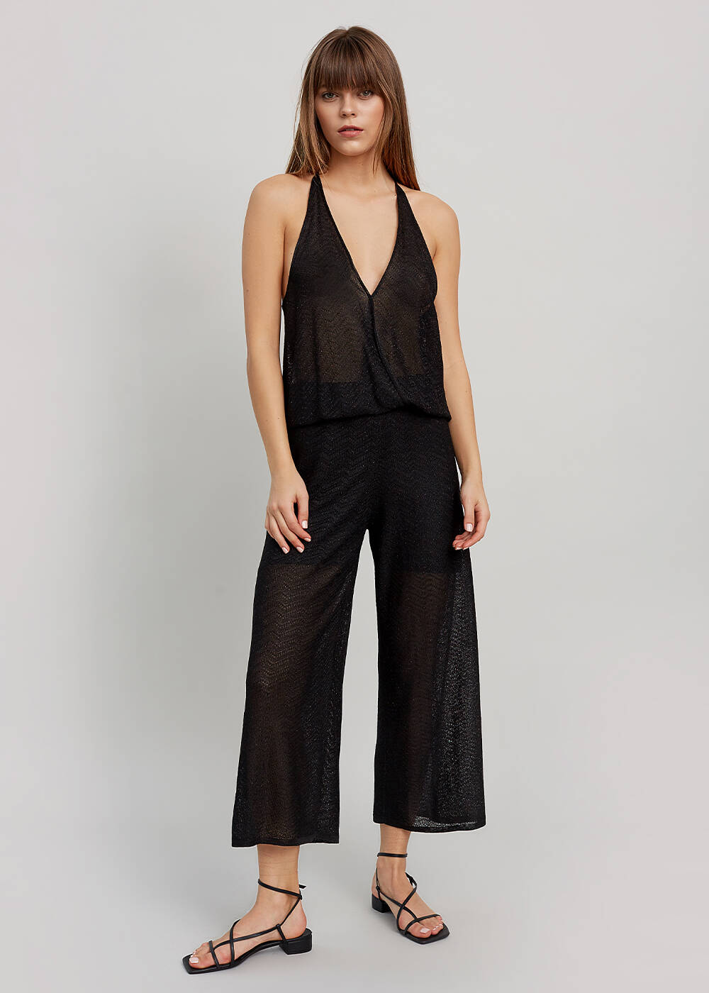 Deep V Neck Black Knit Jumpsuit - 1