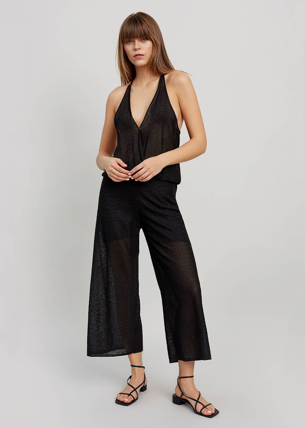 Deep V Neck Black Knit Jumpsuit - 2