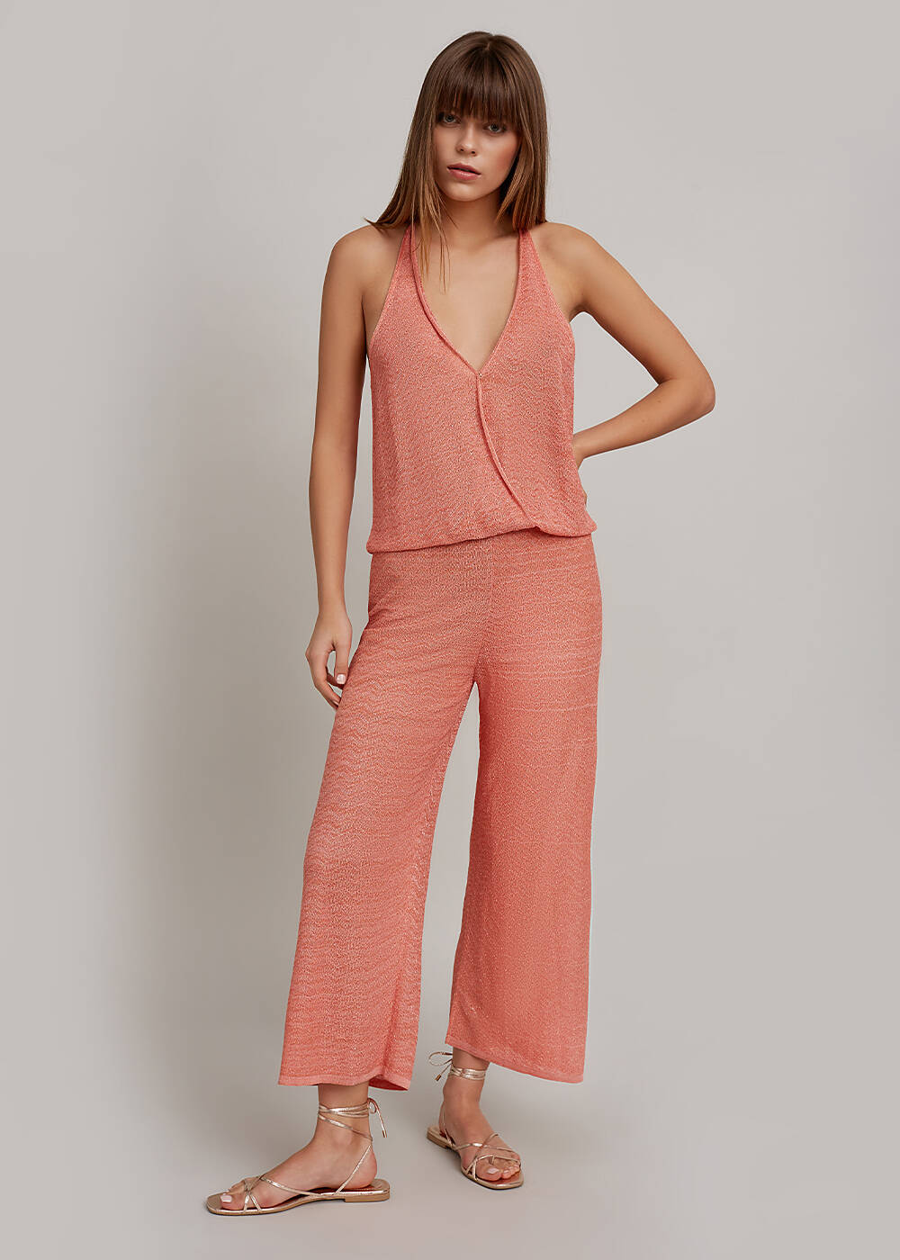 Deep V Neck Salmon Knit Jumpsuit - 2
