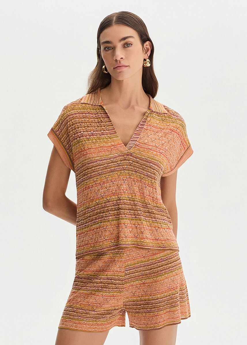 DEGRADE STRIPE POLO NECK BOHEMIAN KNIT TOP - KNITSS