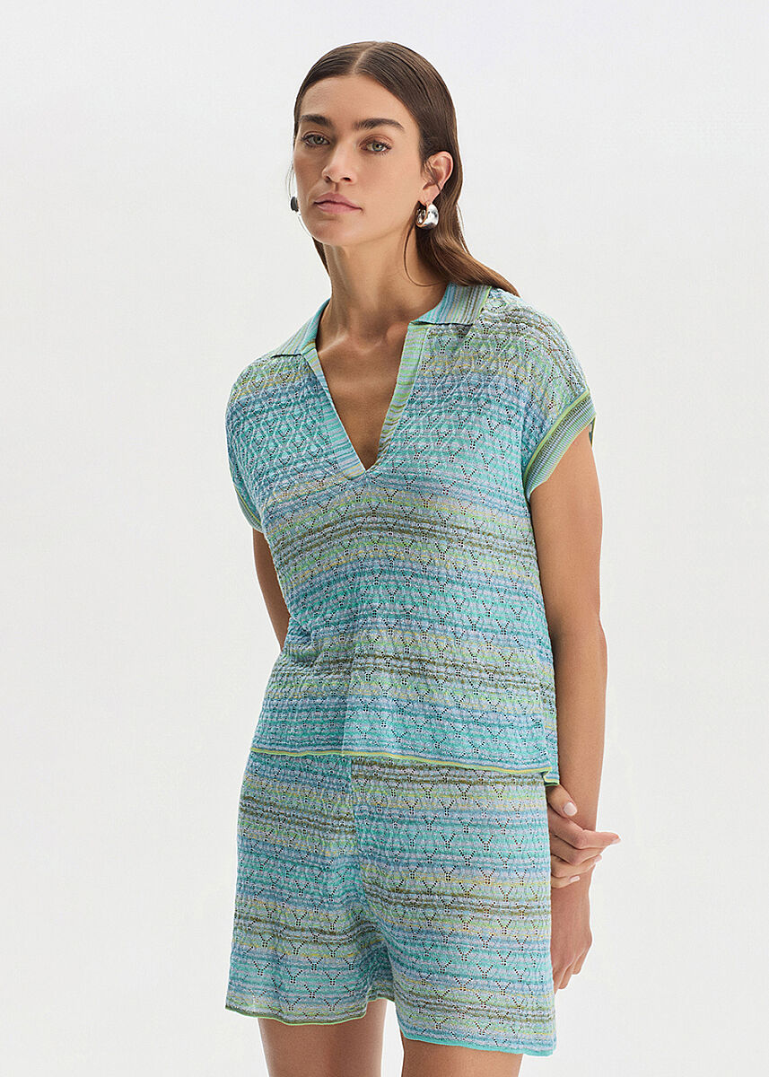 DEGRADE STRIPE POLO NECK GREENISH KNIT TOP - KNITSS