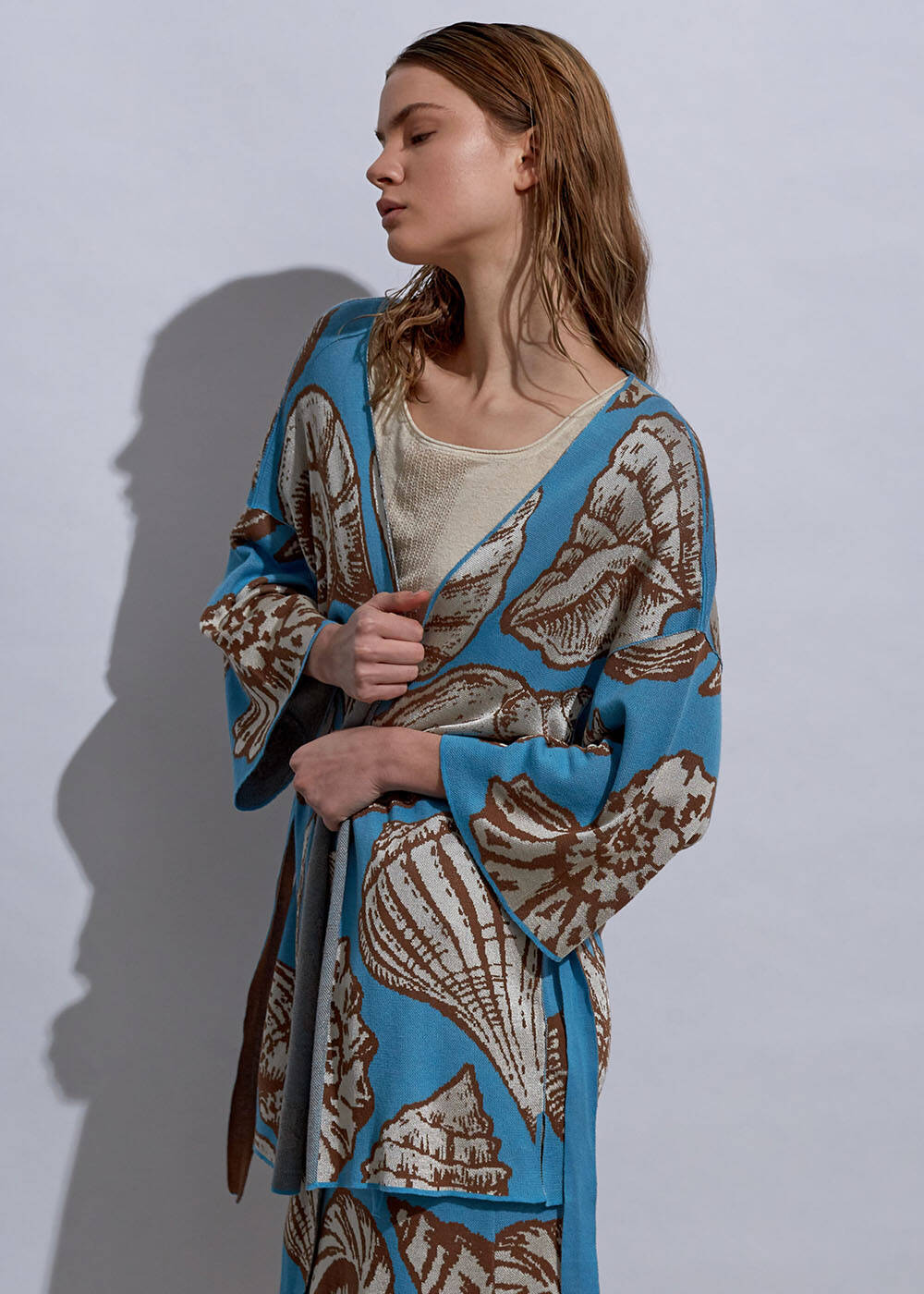 Deniz Kabuğu Desenli Triko Kimono - 1