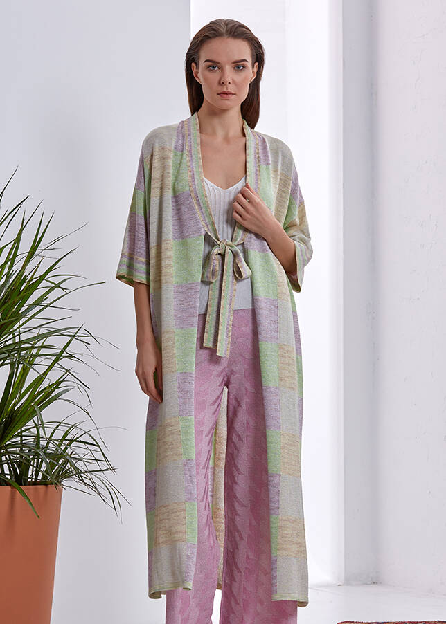 Desenli Bağcıklı Uzun Kimono - 1
