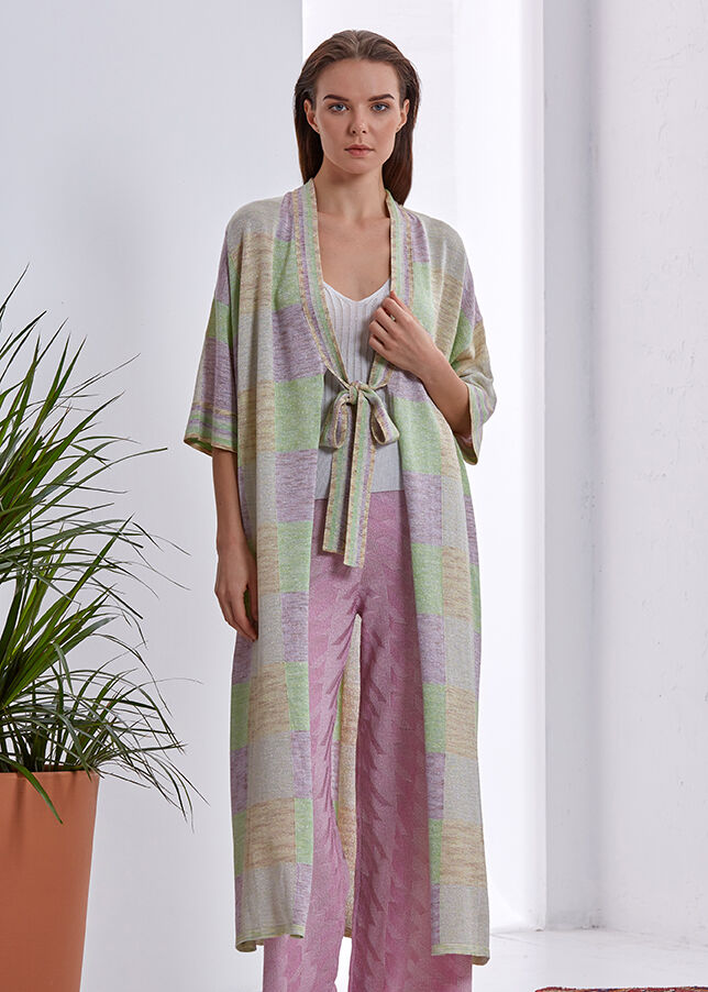 Desenli Bağcıklı Uzun Kimono