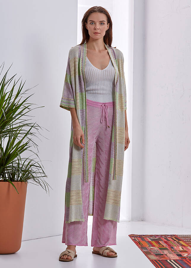 Desenli Bağcıklı Uzun Kimono - 2