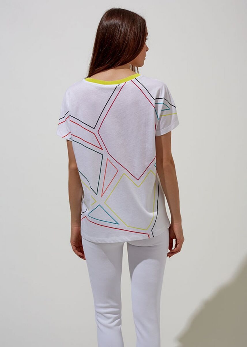 Desenli Beyaz Pamuk T-Shirt · 2