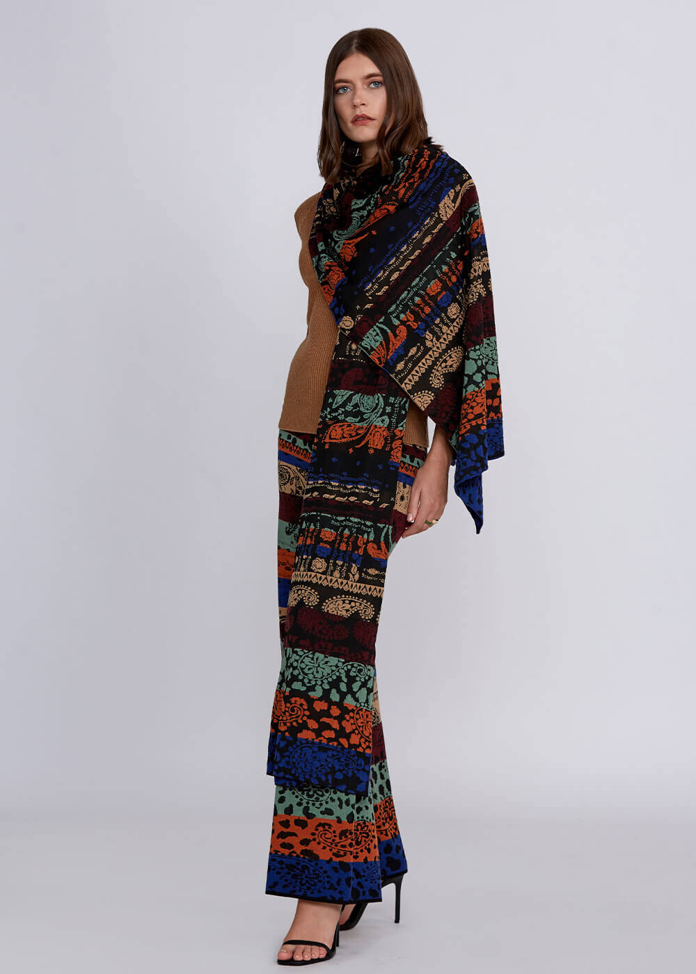 Desenli Çift Taraflı Merino Yün Karışımlı Triko Şal - 2