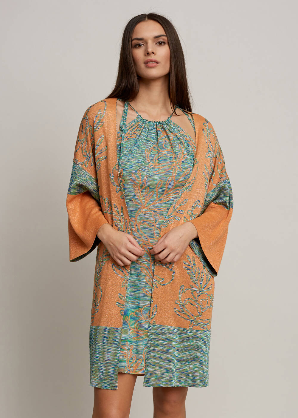 Lotus Desenli Çift Taraflı Turuncu Triko Kimono - 1