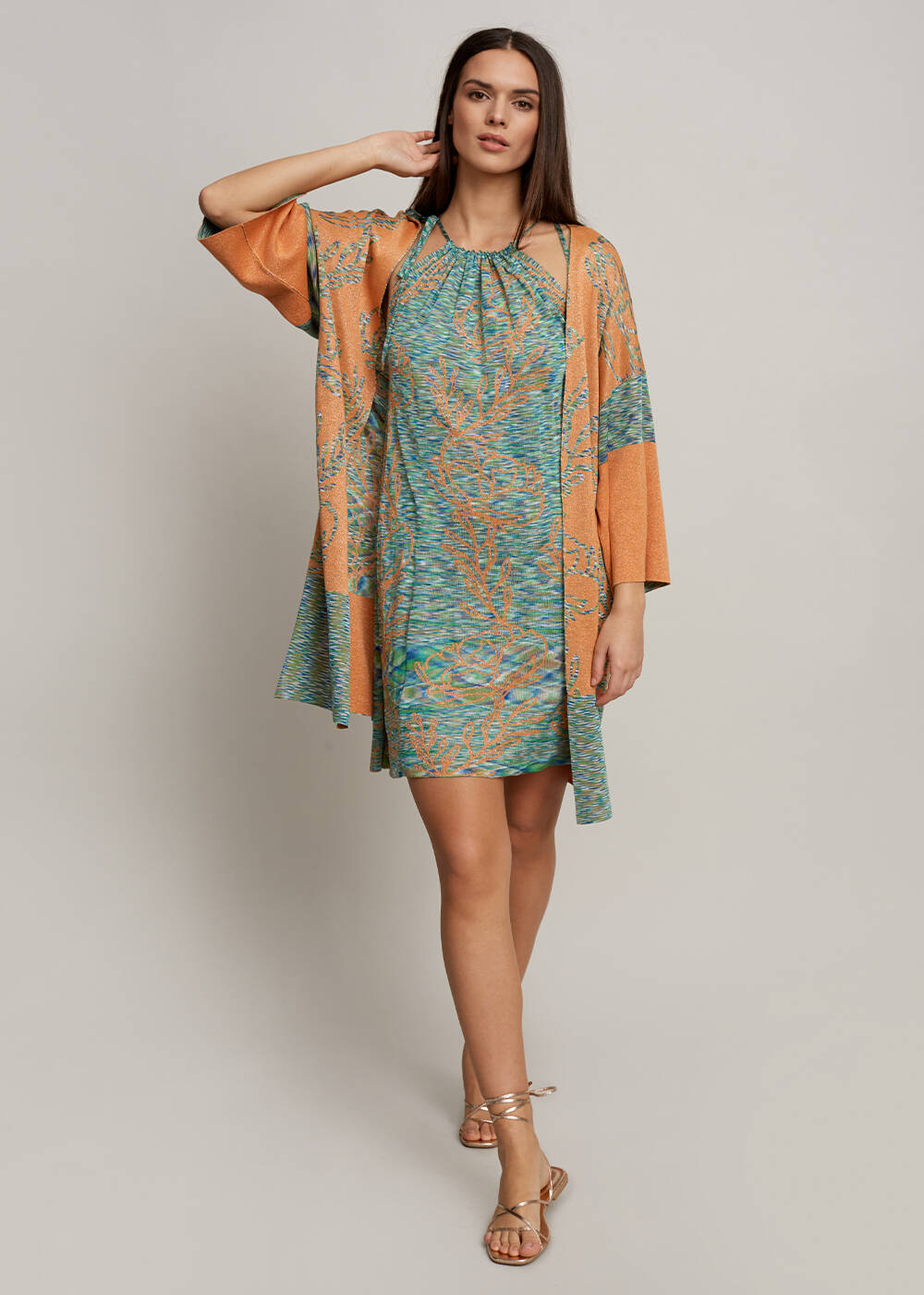 Lotus Desenli Çift Taraflı Turuncu Triko Kimono - 2