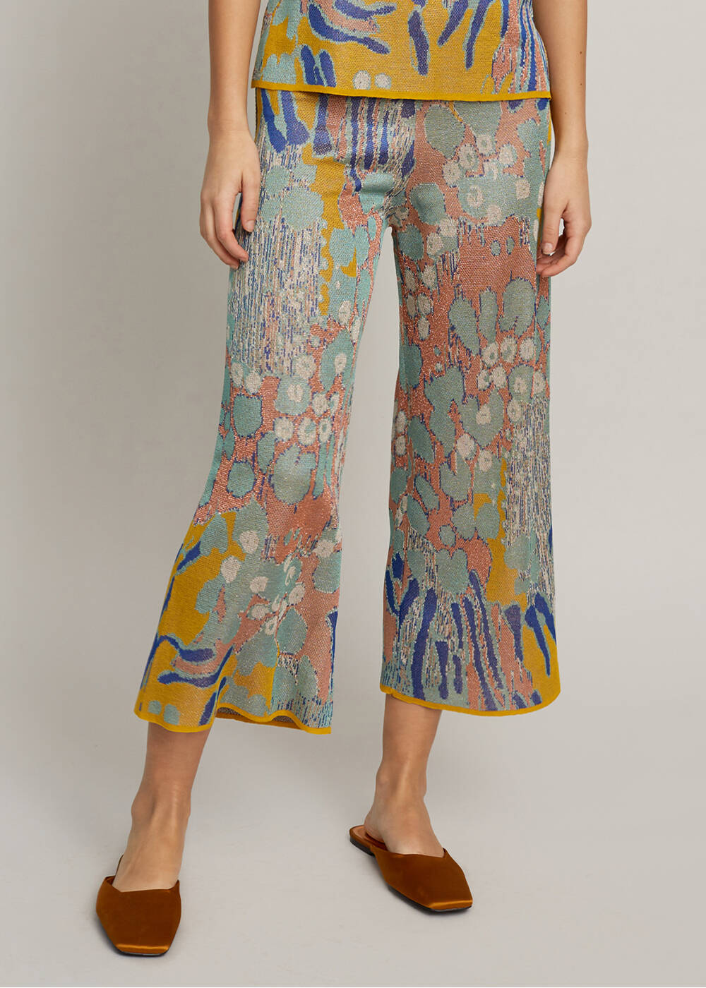 Desenli Crop Triko Pantolon - 1