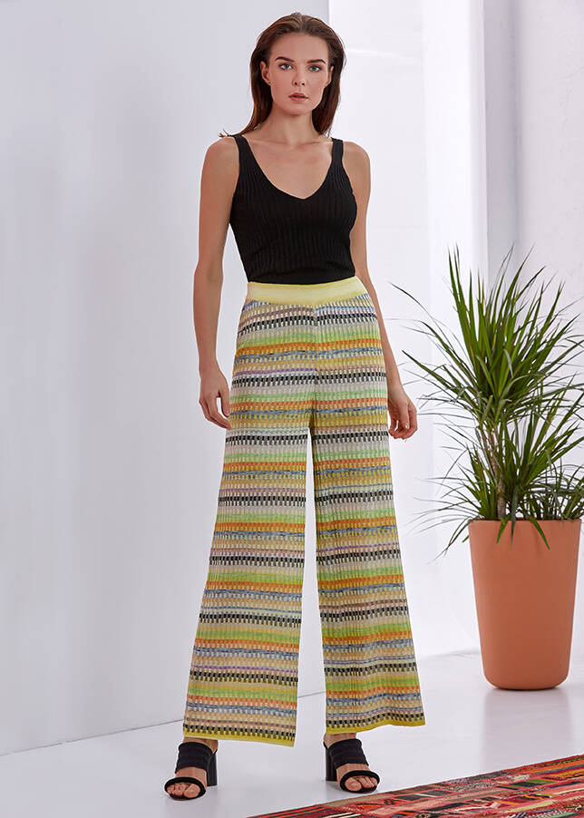 Desenli Geniş Paça Triko Pantolon - 2