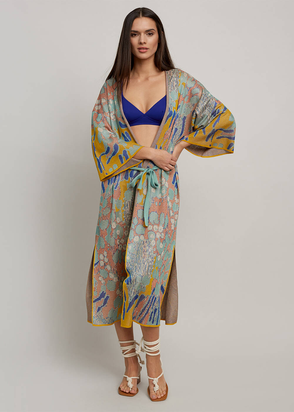 Desenli Kuşaklı Triko Kaftan - 1