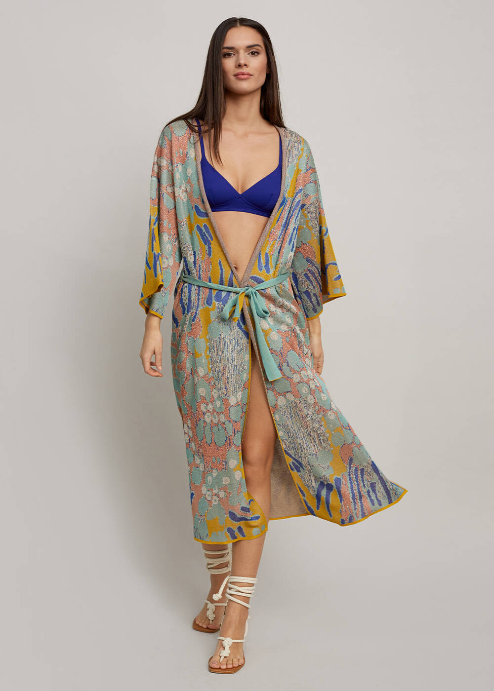 Desenli Kuşaklı Triko Kaftan - 2