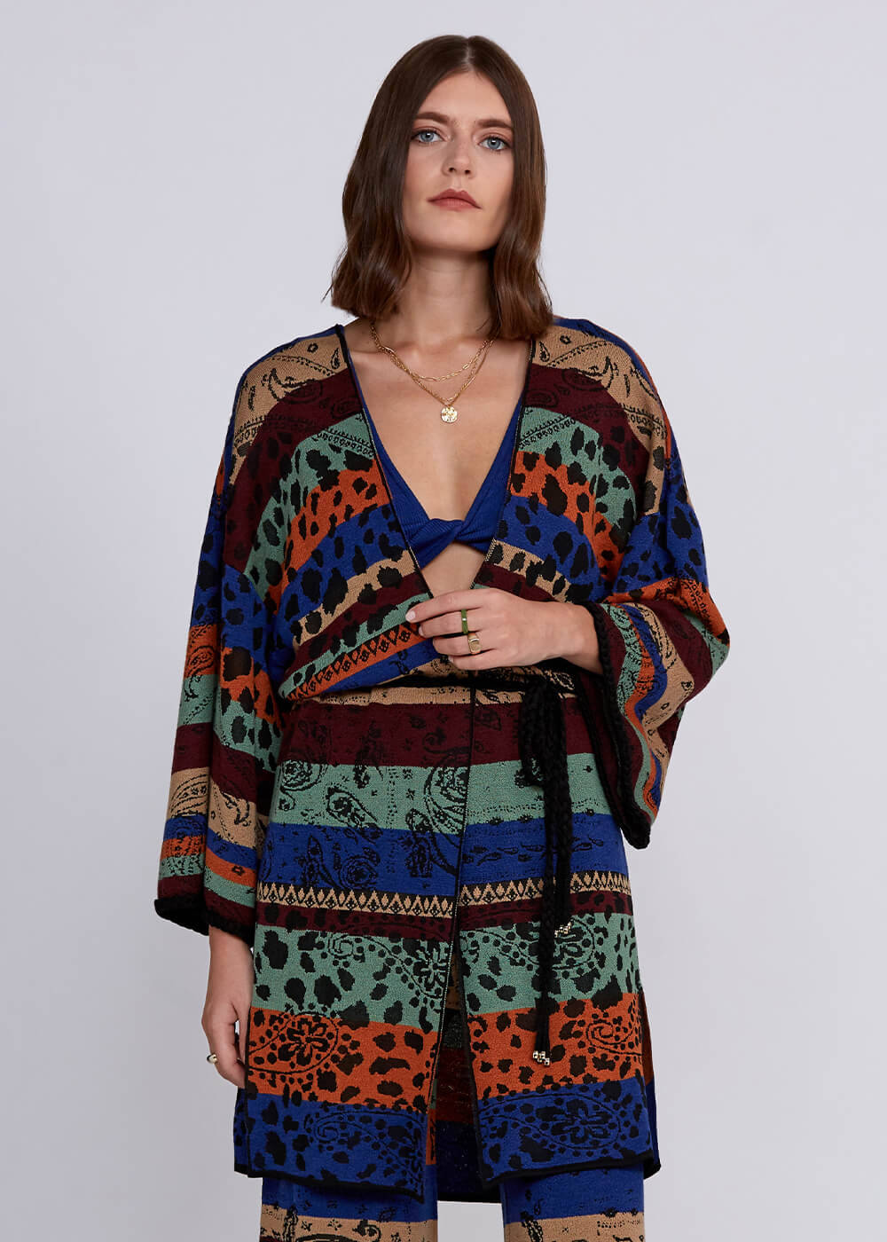Desenli Merino Yün Karışımlı Triko Kimono - 1