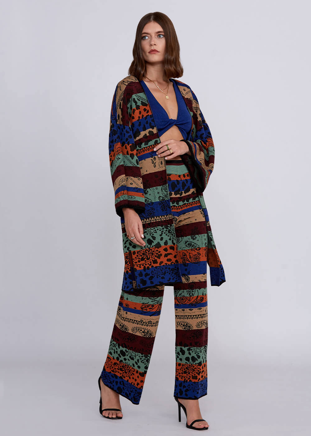Desenli Merino Yün Karışımlı Triko Kimono - 2