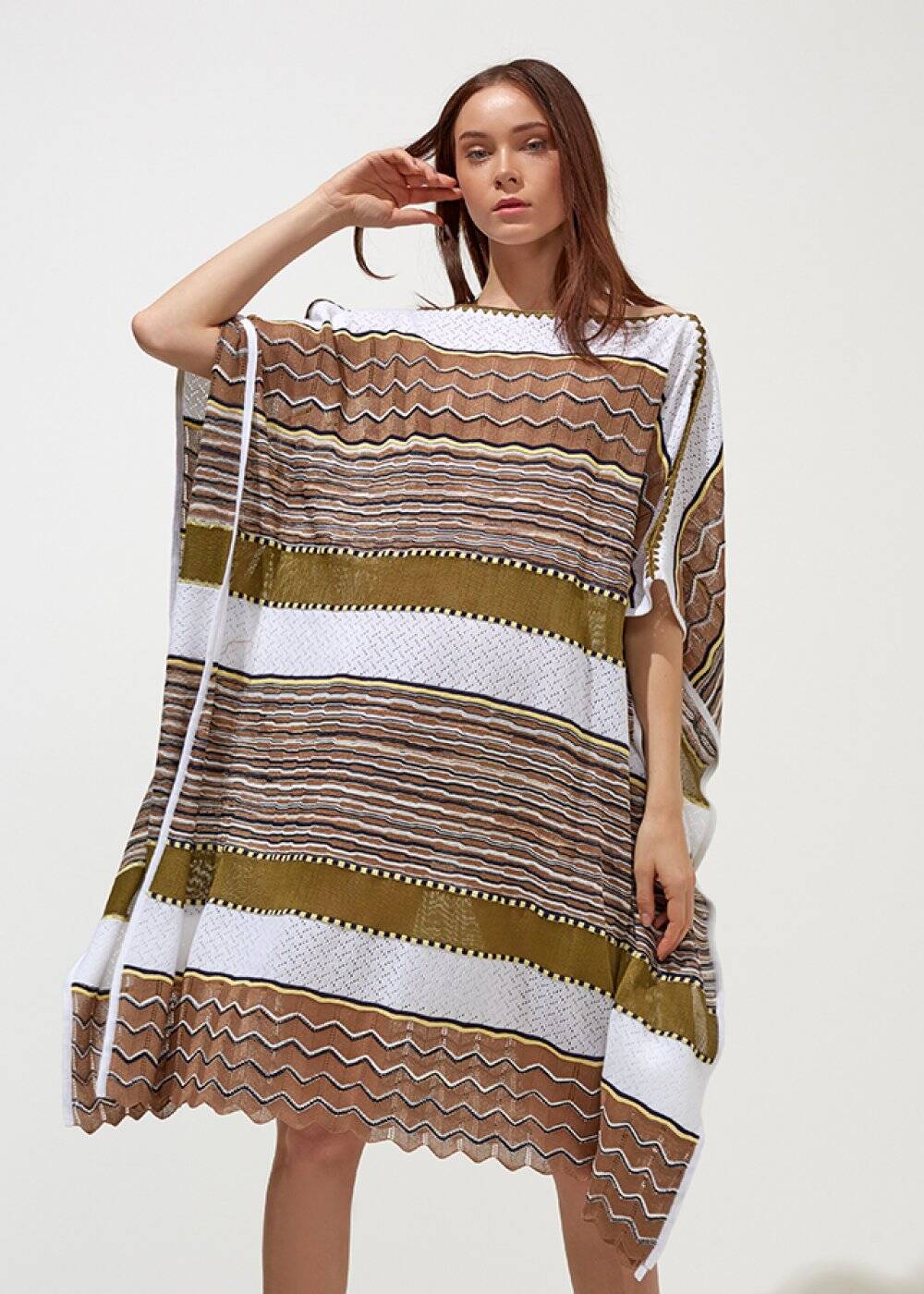 Desenli Oversize Haki Yazlık Triko Tunik Elbise - 1