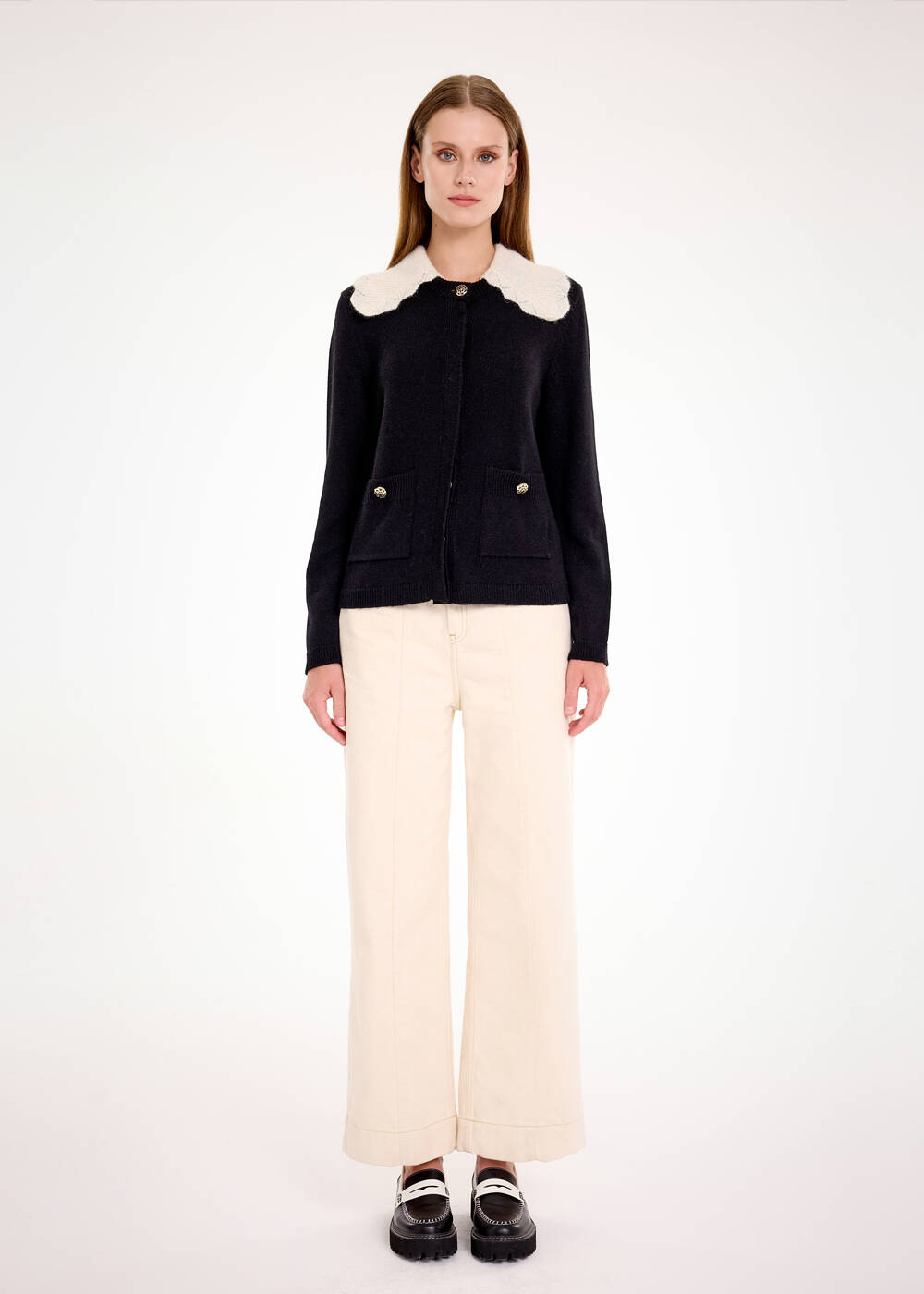 DETACHABLE COLLAR DETAILED BLACK KNIT CARDIGAN - 2