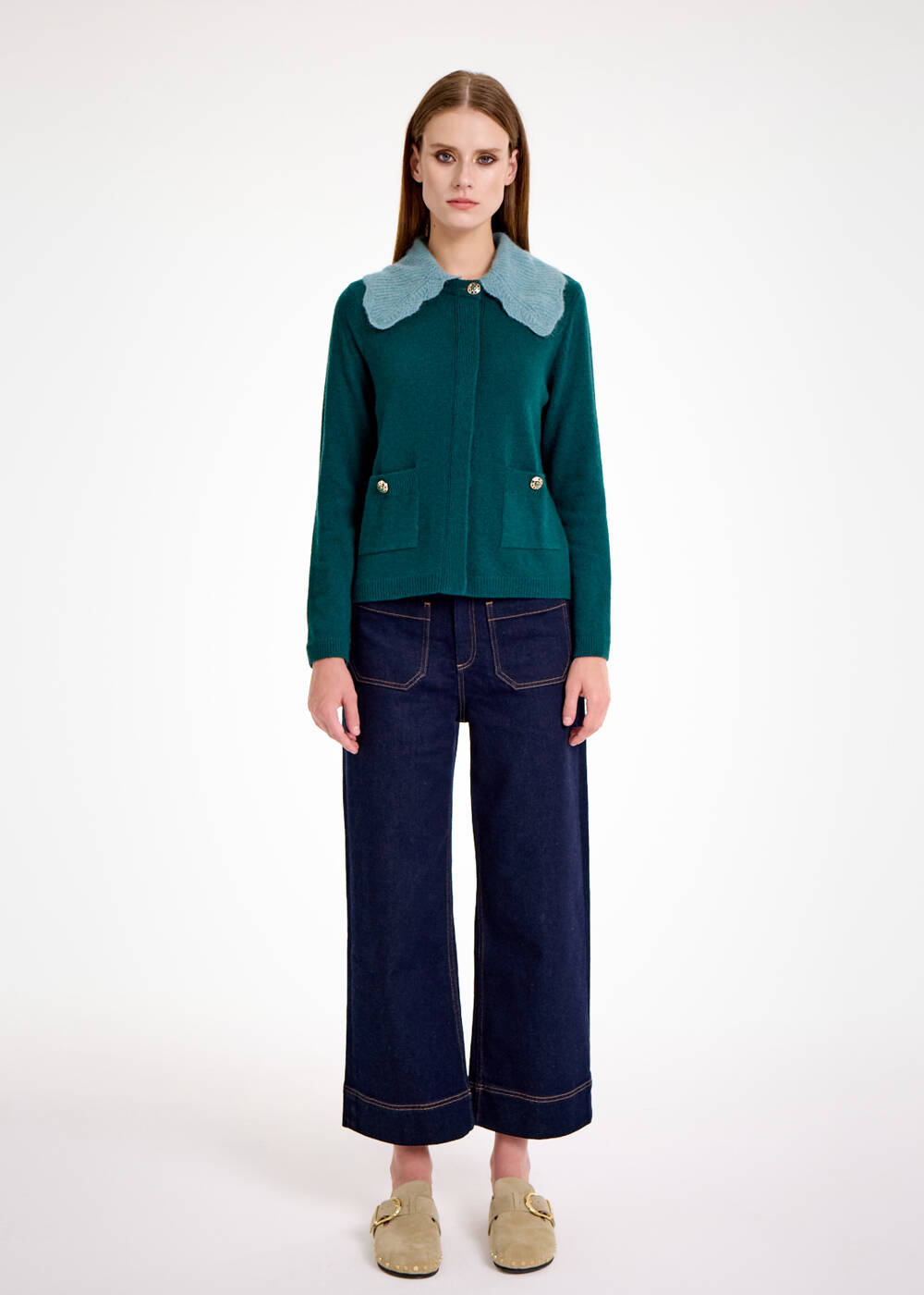 DETACHABLE COLLAR DETAILED MALACHITE KNIT CARDIGAN - 2