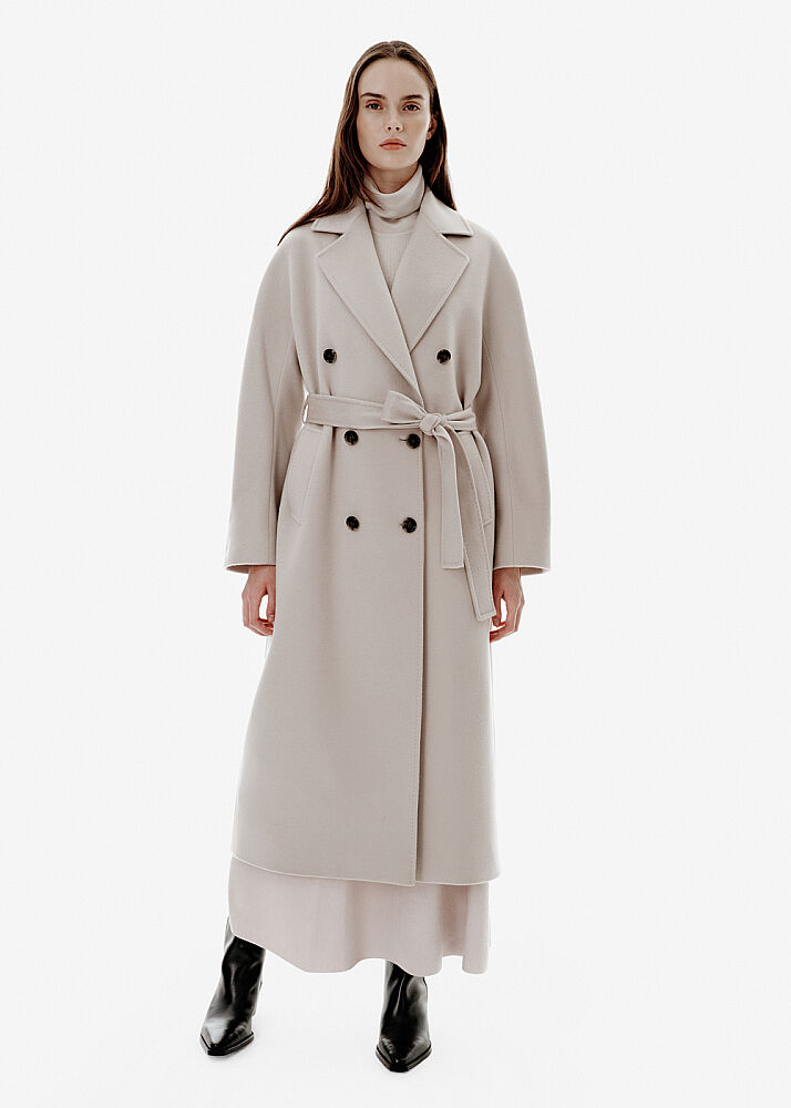 Double-Breasted Stone Color Wool Coat - KNITSS