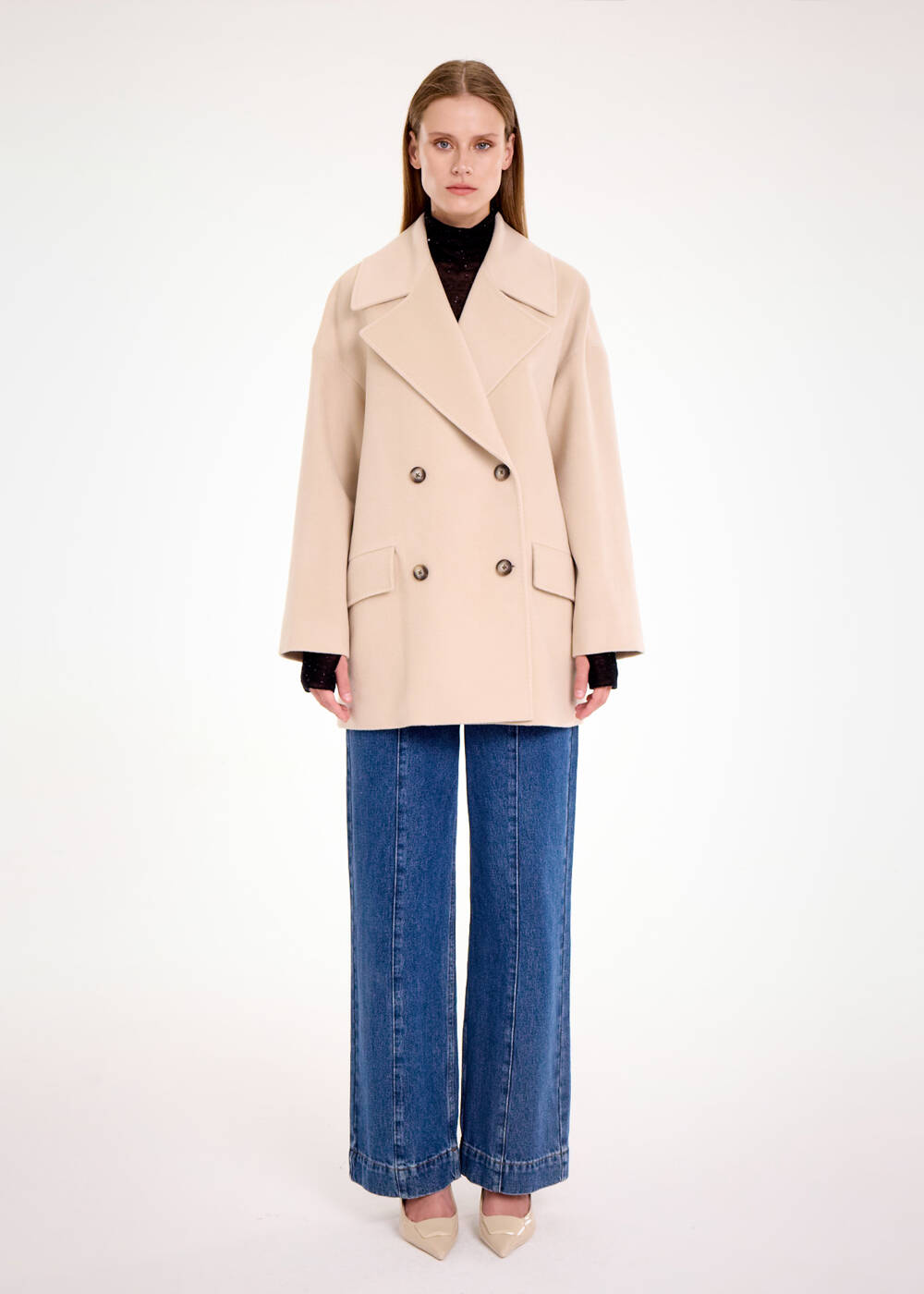 DOUBLEBREASTED OVERSIZE BEIGE WOOL COAT - 2