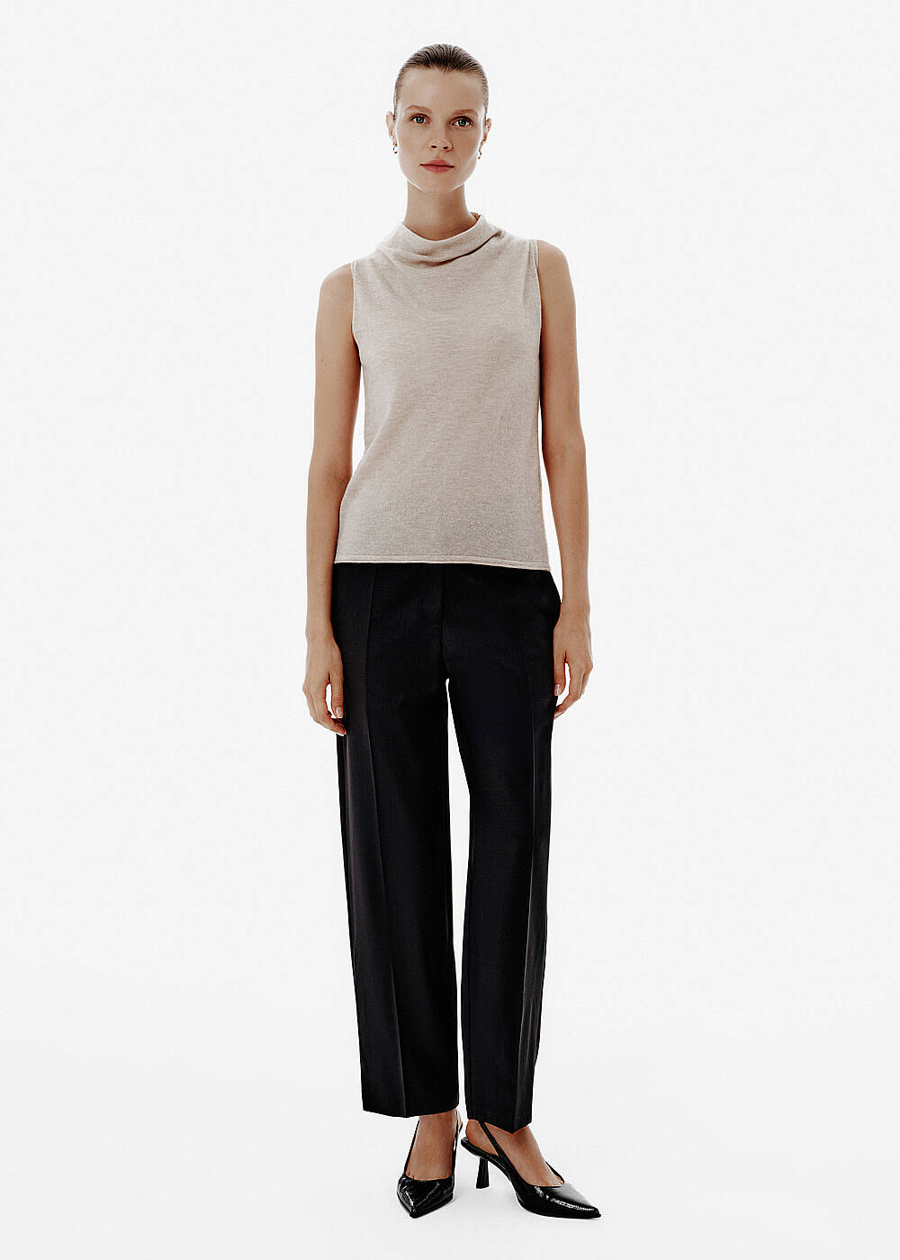 Draped Collar Beige Knit Top - 2