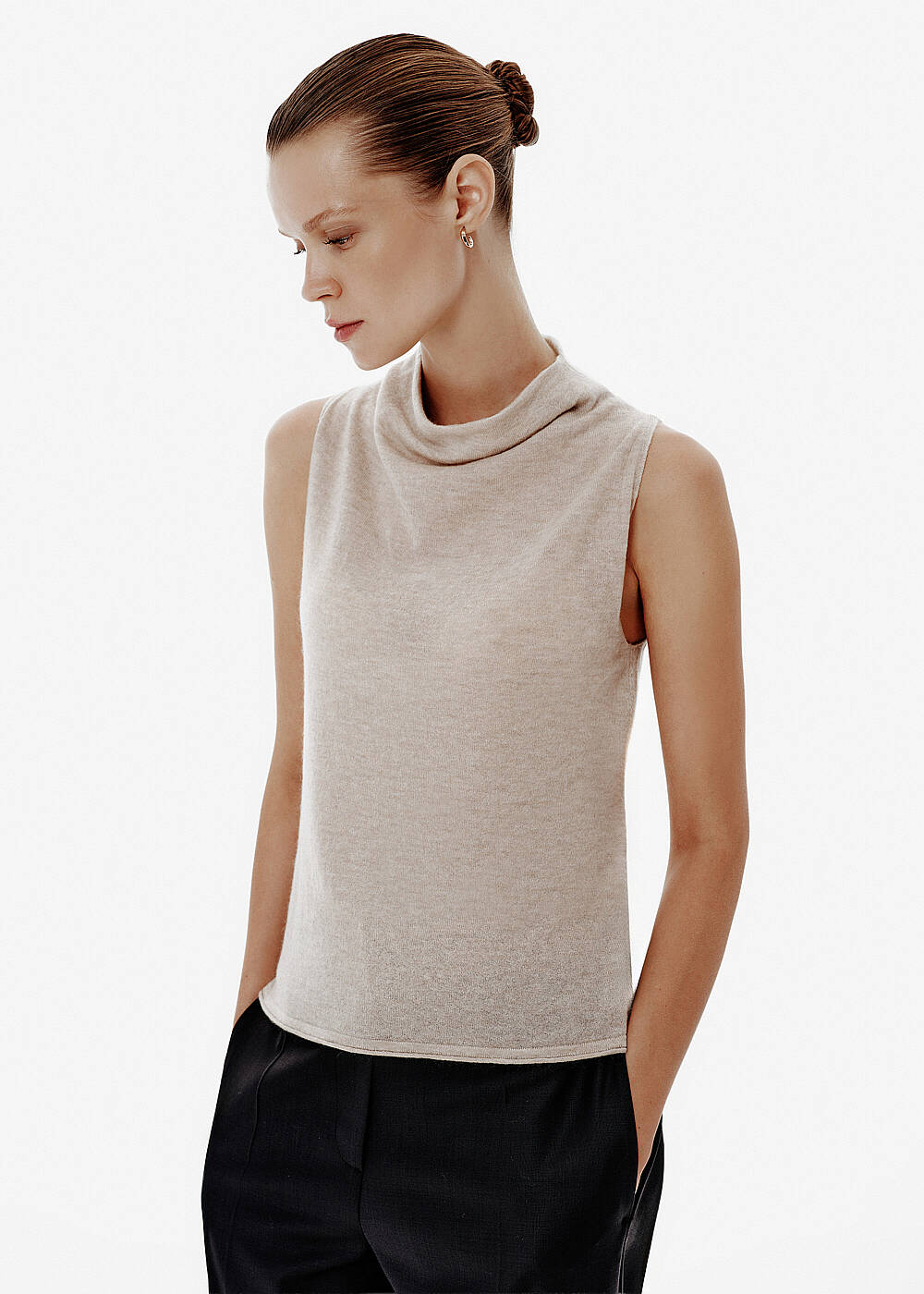 Draped Collar Beige Knit Top - 1
