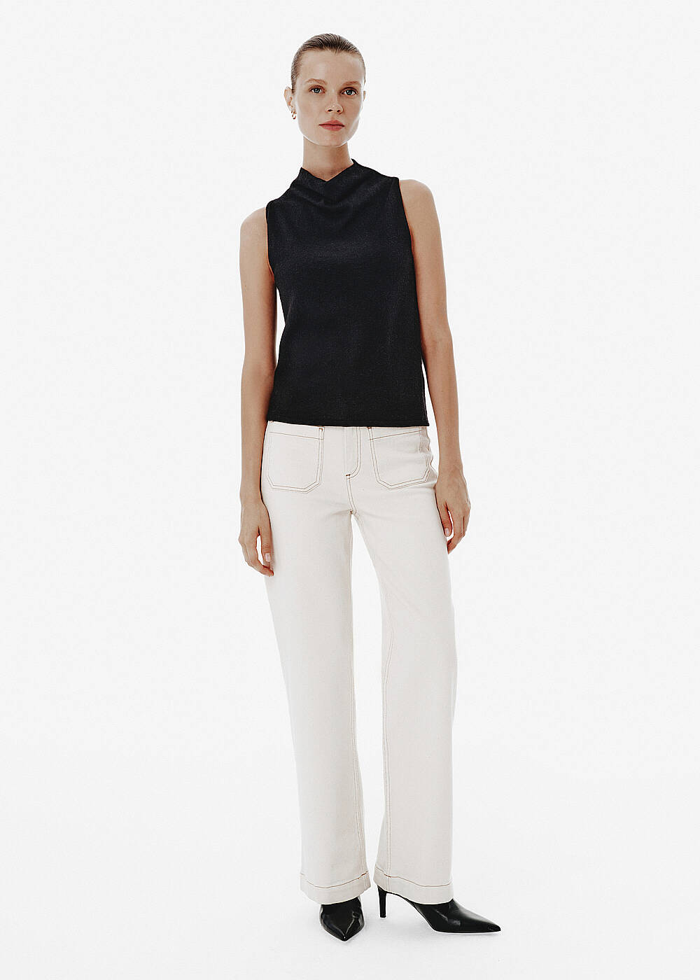 Draped Collar Black Knit Top - 2