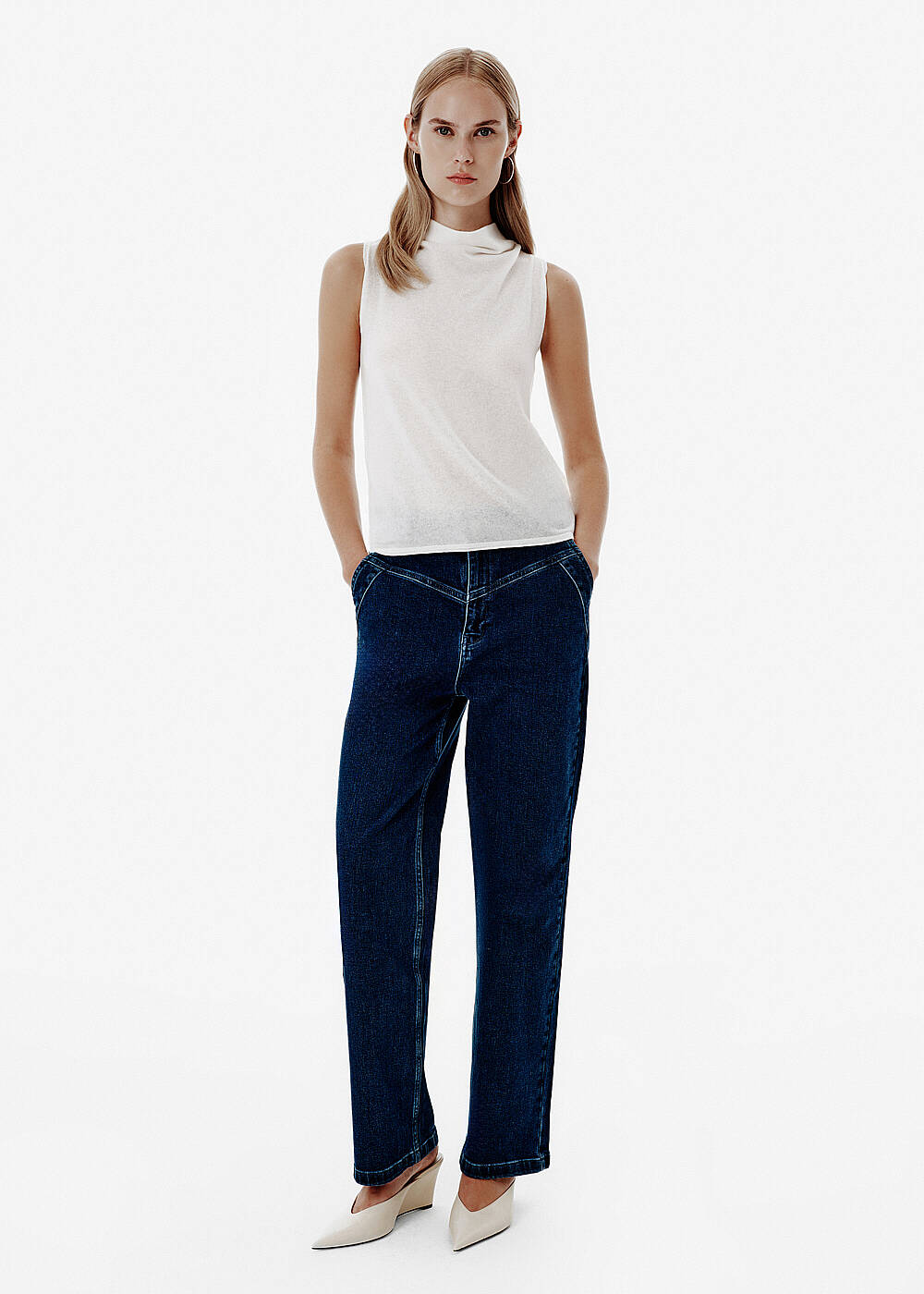 Draped Collar Ecru Knit Top - 2