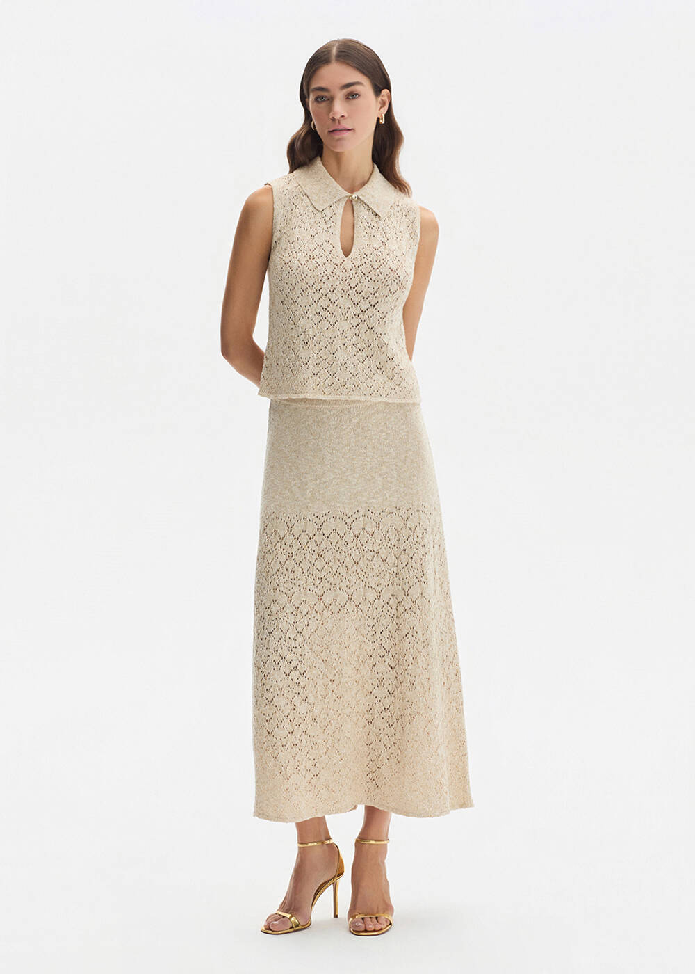 DROP COLLAR SAND KNIT TOP - 2