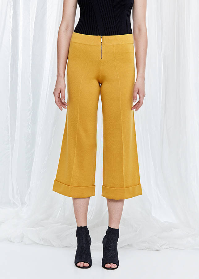 Duble Paça Kısa Sarı Triko Pantolon - 1